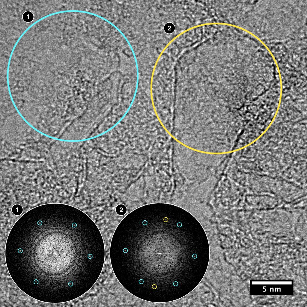 Figure S1. TEM micrograph of reduced CNHs 1 deposited on graphene membranes. The Fast-Fourier-Transform (FFT) of region (1) shows the six reflections (blue circles) at 0.