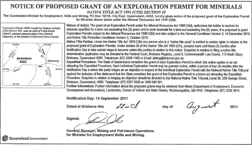 Figure 5: Notice of Proposed Grant of Exploration Permit For Minerals.