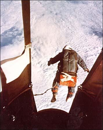 Current record set by Joe Kittinger in 1960 (Project Excelsior) On the third and last jump in Excelsior III on August 16, 1960, Captain Kittinger jumped from a height of 102,800 feet, almost 20