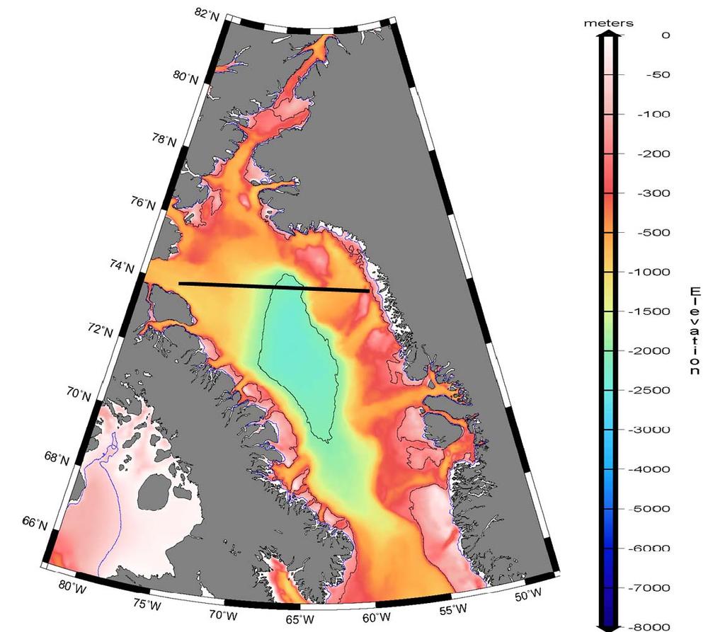 FIGURE 11. Bathymetry of Baffin Bay. Source: Yeh and Liu (2005). The West Greenland Intermediate Water warm layer is found below the Arctic Water to depths of up to 800 m in most of Baffin Bay.