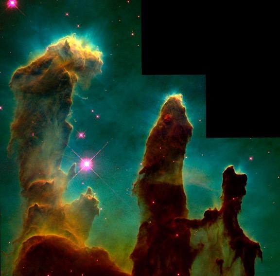 Stellar nurseries We have observed young stars burning within giant clouds (e.g. M16, right): these are stellar nurseries.