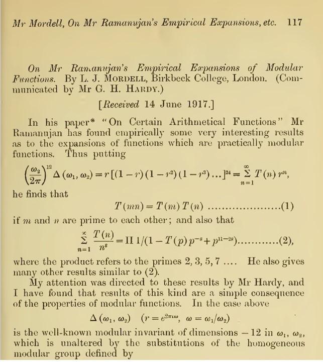 128 5 Application to Number Theory Fig. 5.2 Mordell s introduction to [26] Today Ramanujan s product formula and recursion formula are implied by Hecke theory: Proposition 5.