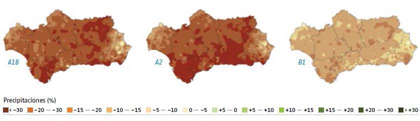 Rainfall scenarios in Andalucía: Period 2041 2070 against historic series Precipitations (change in % of historic average) A1B: Rapid economic growth.