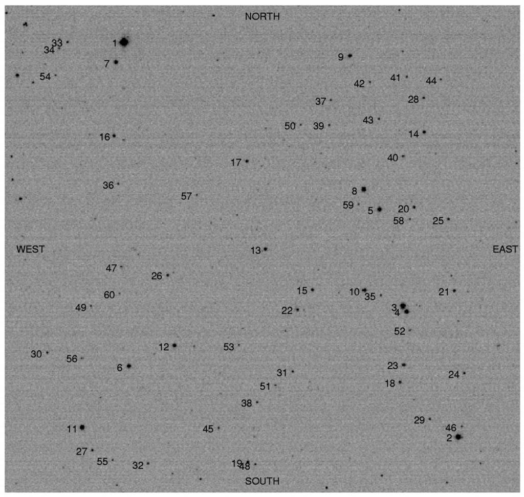 UNDERSAMPLING EFFECTS 87 Fig. 1. Reference frame image with a 14 # 14 field of view. A total of 60 stars are identified and monitored for brightness variation in the 10 hr period.