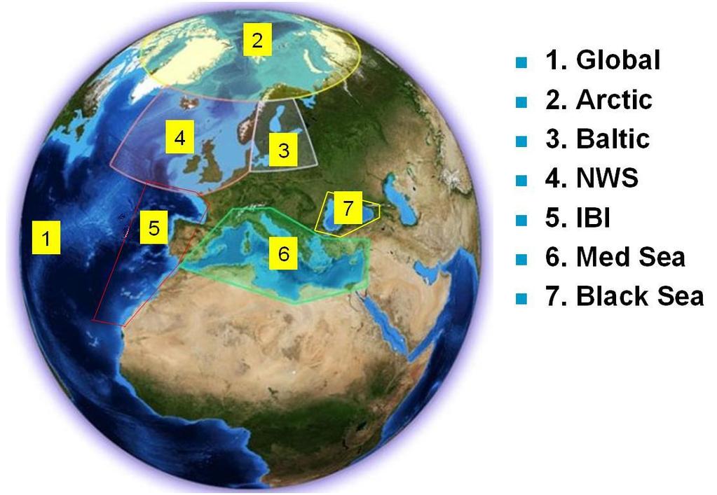 The MyOcean offer The Global Ocean + 6 European Seas Marine Core Service (1) Global Ocean (2) Arctic Ocean (3) Baltic