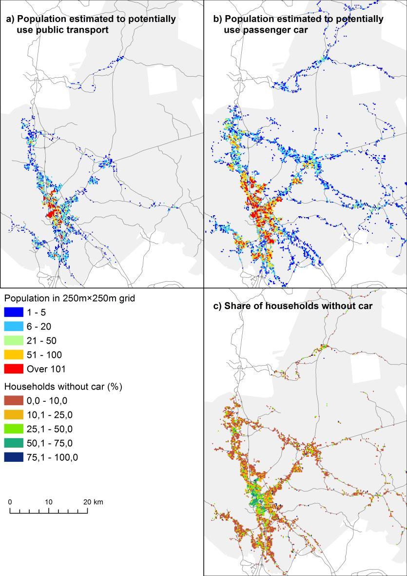 Figure 3: Public transport and car travel population estimates and household car ownership data.
