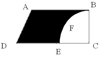 7. A piece of cardboard in the shape of a trapezium ABCD & AB DE, BCD = 90 0, quarter circle BFEC is removed. Given AB = BC = 3.5 cm, DE = cm. Calculate the area of remaining piece of cardboard. (6.