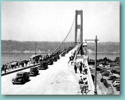 Tacoma Bridge The original, 5,939-foot-long Tacoma Narrows Bridge, popularly known as "Galloping Gertie," opened to traffic on July 1, 1940 after two years