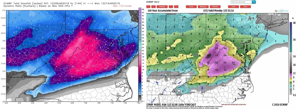 This next image shows a comparison of the total liquid from this event. On the LEFT it shows the GFS ensemble rainfall liquid equivalent for this event.