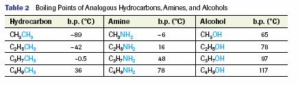 Properties of Amines Carboxylic Acids R-COOH amines have higher boiling points and melting points than hydrocarbons of the same size and smaller amines are soluble in water due to N-C and N-H both of