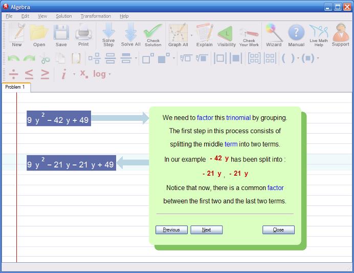 78 Algebra e-book Clicking on the "solve step" button once shows the first step of