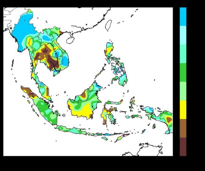 Figure 1: Daily average rainfall for the ASEAN region in April 2017. (Source: JAXA Global Satellite Mapping of Precipitation) Figure 2: Percentage of Normal Rainfall for April 2017.