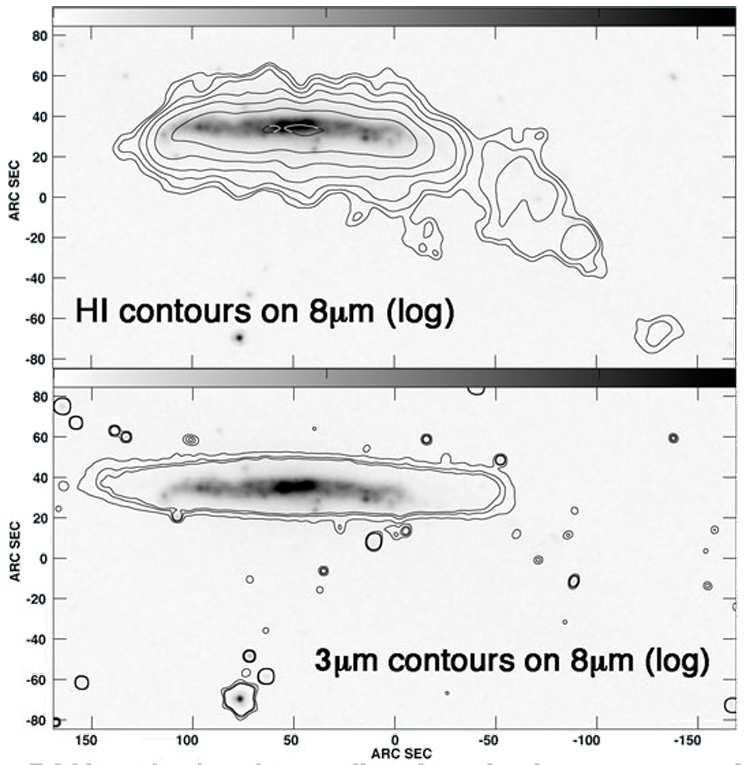 7 Fig. 4. a) HI contours show where the ISM has been stripped from the disk; 8µm log stretch in greyscale shows where the ISM is sufficiently heated to excite PAHs.