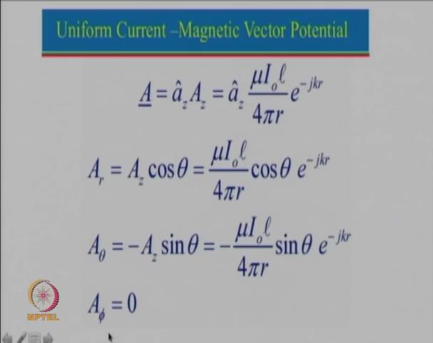(Refer Slide Time: 03:33) So, this is how we can find the vector magnetic potential and since the current is in the z direction we have only component which is A z and that is given by this 1 over