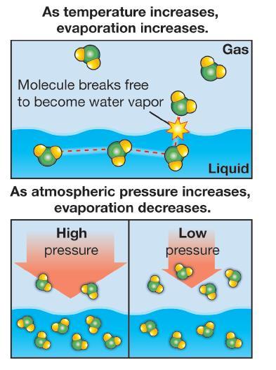 When temperature increases, evaporation increases. When pressure increases, the rate of evaporation decreases.