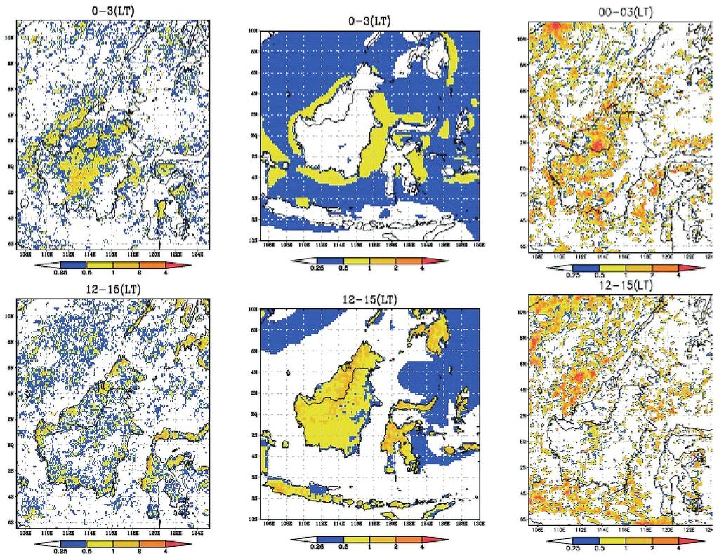 3 Long-term averaged precipitation (mm/hr) for 00-03 LT (upper) and 12-15 LT (lower): Six-year averages of TRMM 2A25 near-surface rain (left), 10-year averages of 20km-resolution MRI-GCM (middle),