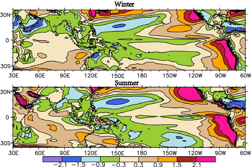 Seasonal mean differences of SST between AMIP and AMIP-CMIP SST runs