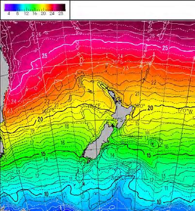 Temperature Sea surface temperature Monthly mean sea surface temperatures off the west coast of Waikato region and Coromandel Peninsula are compared with mean air
