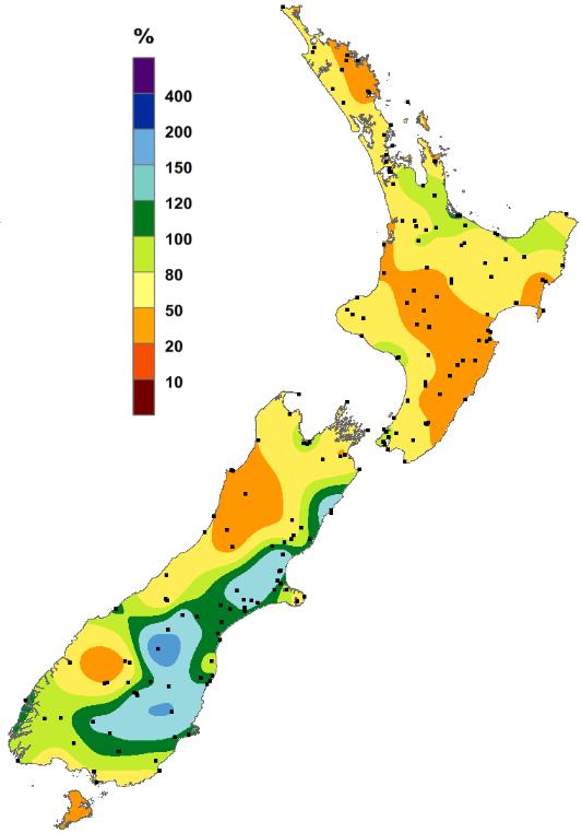 October 2018 total rainfall, expressed as a percentage of normal (1981-2010 normal). October rainfall was below or well below normal for much of the North Island and the western South Island.