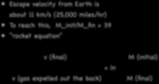Rocket Equation Escape velocity from Earth is about 11 km/s (25,000 miles/hr) To reach this,
