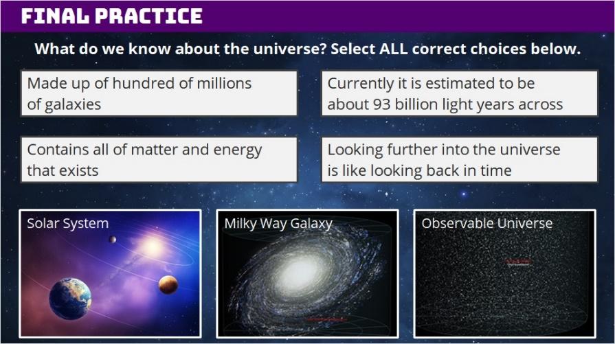 1.18 Final Practice What does our universe contain? Read the choices and select all correct answers. Feedback when correct: Nice work!