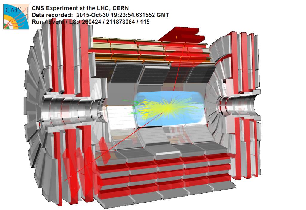 Figure 2. A pp collision event with two reconstructed muon tracks superimposed on a cutaway image of the CMS detector.
