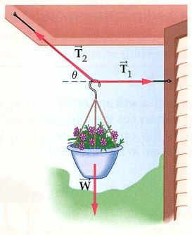 7. To hang a 6.20 kg pot of flowers, a gardener uses two wires one attached horizontally to a wall, the other sloping upward at an angle of Ө = 40º and attached to the ceiling. i.