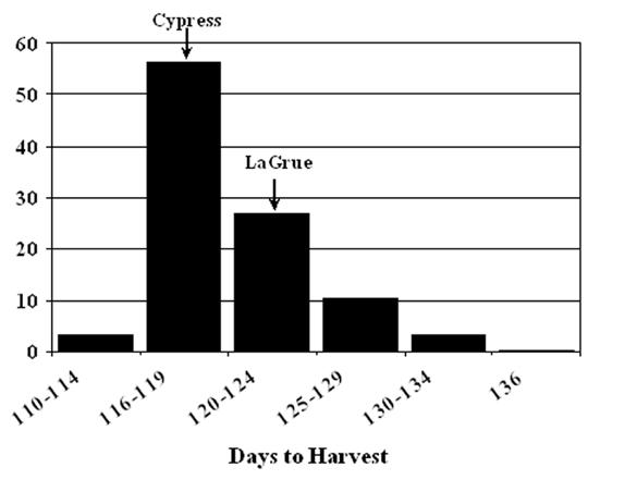 AAES Research Series 550 Fig. 5. Frequency distribution of days to harvesting using family means in the MY2 population grown in Arkansas.
