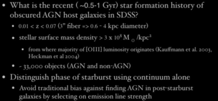 More specific... What is the recent ( ~0.5-1 Gyr) star formation history of obscured AGN host galaxies in SDSS? 0.01 < z < 0.07 (3 fiber => 0.