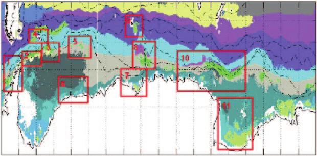 Red boxes show areas of highest heterogeneity, which have been identified by the Working Group as priority areas for identifying MPAs as part of a representative system (numbers refer to area