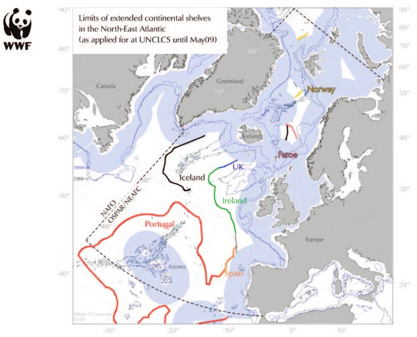 Fig. 2: Limits of the extended continental shelves of coastal states in the North-East Atlantic as applied for in submissions made by May 2009 to the UN Commission for the Limits of the Continental