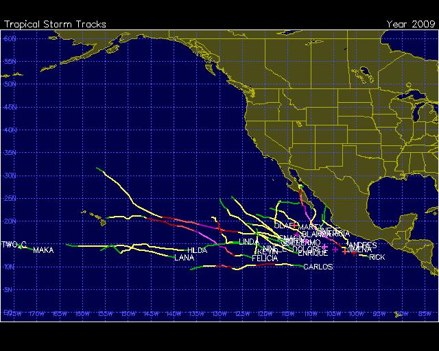 Eastern Pacific Basin TC Tracks during 2009 TCs form somewhat west of the