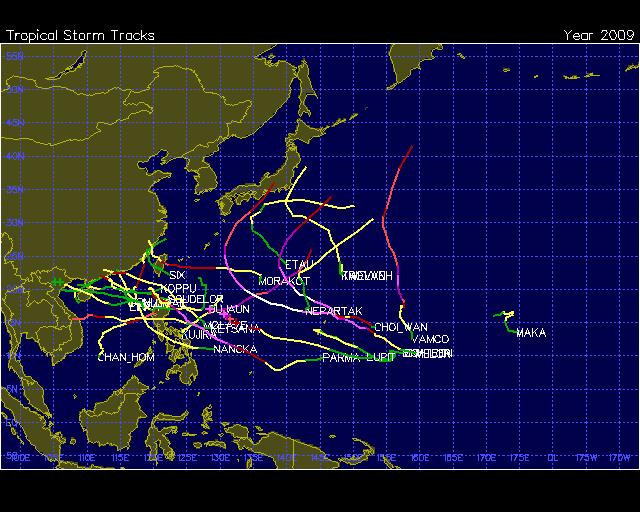 Western Pacific Basin TC Tracks during 2009 24 named