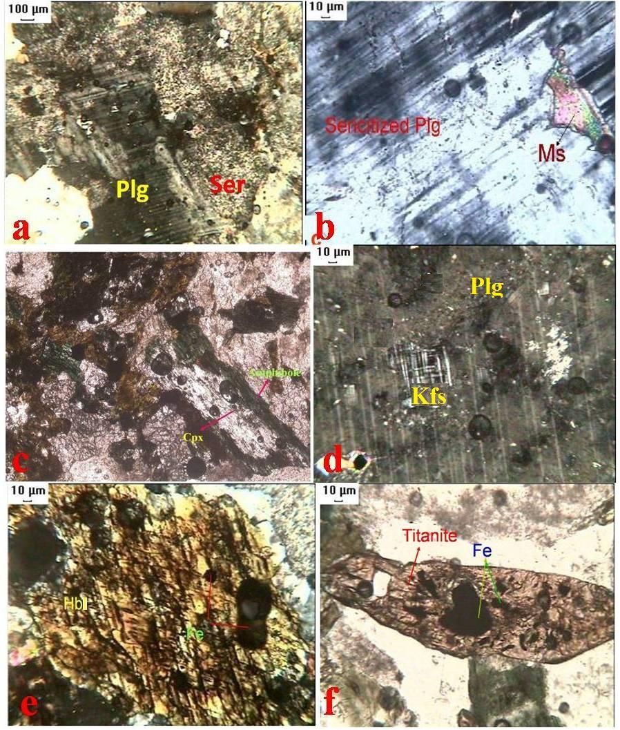 Fig.3.2 Photomicrographs taken from the thin section of the sample KIL-1, showing, sericitization, in which plagioclase is altered into sericite (Fig. a) and muscovite (Fig.