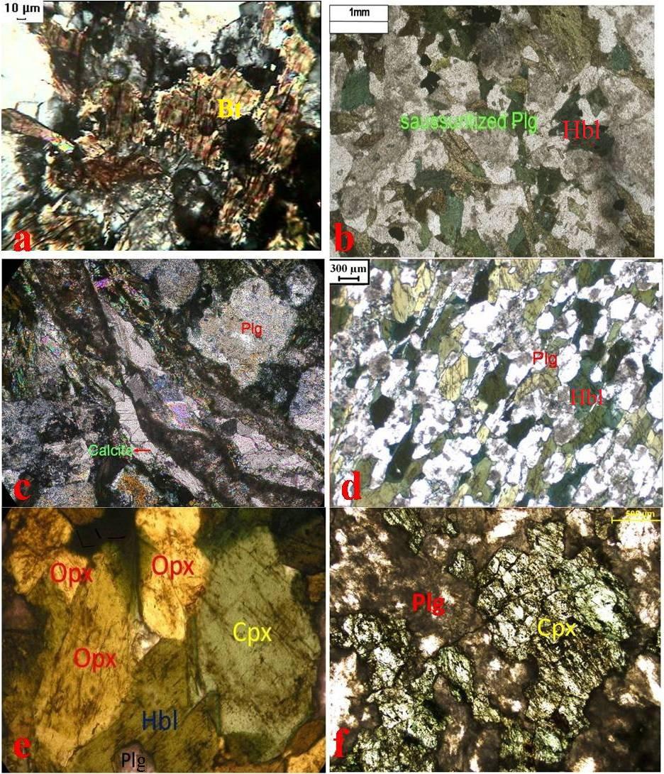 Fig. 3.3 Photomicrographs taken from the thin sections showing recrystallized boundary of biotite with released iron oxide in KIL-1 (Fig.a). saussuritization of plagioclase in KIL-2 (Fig.