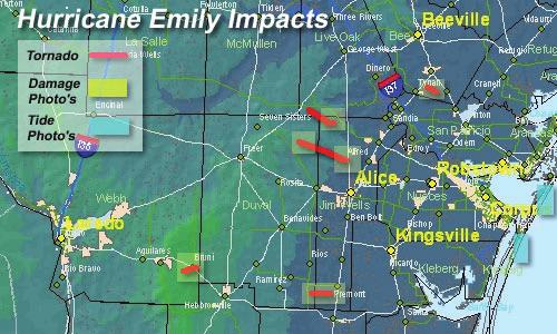 page - 10 Figure 5. Overview of impacts from Hurricane Emily in South Texas. From NWS website. 23. How many tornados were produced by Emily in South Texas. 24.