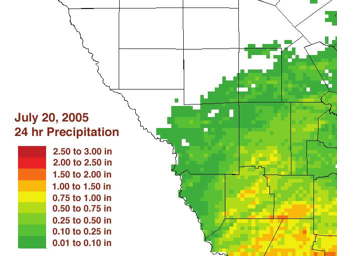 page - 7 Figure 3. Radar estimated precipitation from TAMIU service area for July 20, 2005. 16. Does the rain shield generated by Emily completely cover the TAMIU service area July 20?