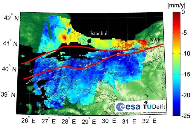 Figure 1. Istanbul Supersite. Preliminary ground velocity in the East direction derived from data of ESA s Envisat satellite between 2003-2010.