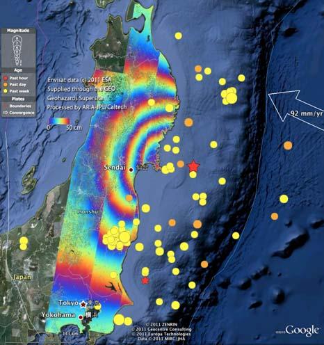 Figure 3. Satellite radar interferogram of the March 2011 Japan earthquake obtained using ESA s Envisat satellite. One color cycle corresponds to 0.