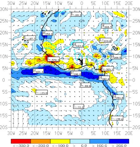 FIG. 3: Streamlines: Mean SFC to 850 hpa wind for June 2006. Colouring: Wind force anomalies 06/2006 minus 06/979-200 in m/s. FIG. 4: Streamlines: Mean SFC to 850 hpa wind for June 979-200.