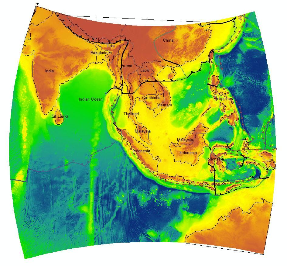 Figure 2: Map of southeast Asia including plate boundaries, areas of tectonic activity, and country labels.
