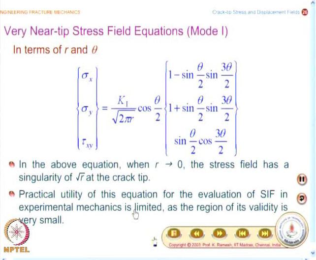 Video Lecture on Engineering Fracture Mechanics, Prof. K. Ramesh, IIT Madras 8 (Refer Slide Time: 26:07) Now we will get the expression in in terms of r and theta. This we had seen already.