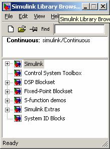 3) When SIMULINK opens you will see the box called the SIMULINK Library Browser. The Library consist of a number of different SIMULINK blocks with which a system model may be built.