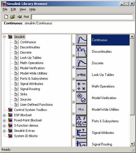 Next, select the SIMULINK icon to expand the list of the available elements that are used to create a system model.