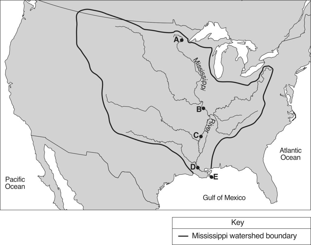 10. Base your answer(s) to the following question(s) on the map below, which shows a portion of the continent of North America and outlines the Mississippi River watershed.