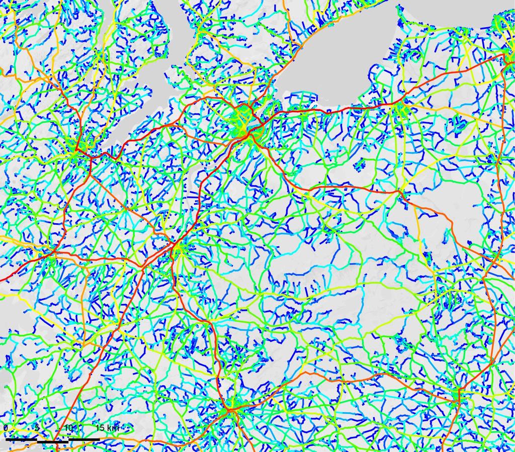NAChn Mapbox, OSNI Spatial accessibility Regional route hierarchy Existing The spatial accessibility analysis highlights the route hierarchy of an area.