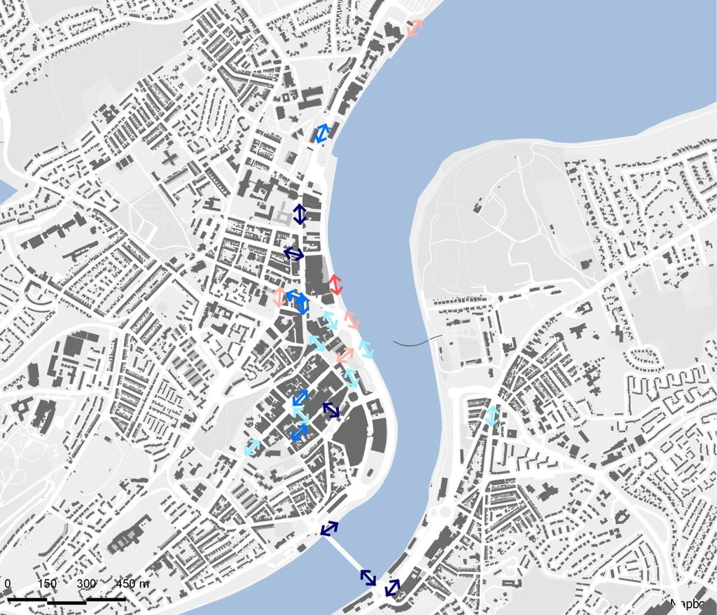 Mapbox, OSNI Difference in pedestrian movement levels 2010 and 2018 Weekend All day average The level of increase along the riverside increases even more significantly on the weekend.
