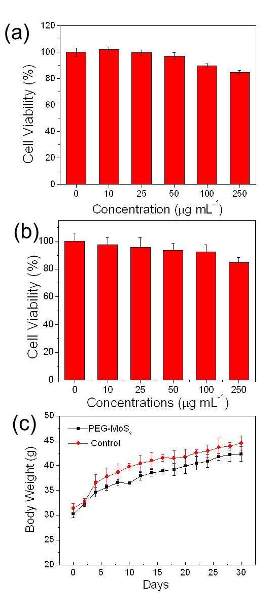 Figure S11. Cell viabilities of (a) HeLa cells and (b) HUVEC cells treated with different concentrations of PEG-MoS 2 NFs for 24 h.