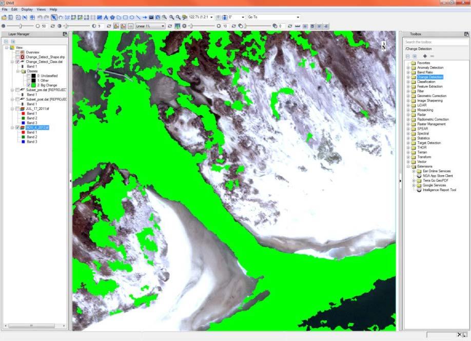 Figure 5: Assessment of major change using ENVI ASSESSMENT OF COASTAL CHANGE USING LIDAR Next, LiDAR point clouds from USGS were examined in an effort to assess volumetric loss of sediment from