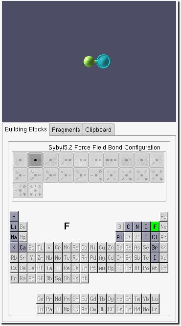 4.2 Example 2 - CHFClBr Figure 4.27: Segment window - fluorine building block selected Using the same Add/Attach/Connect tool move the mouse over the top-most dummy atom in the build area.